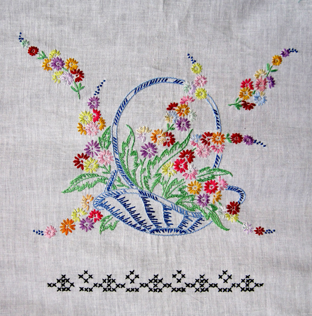 Vintage Embroidered Baskets Quilt Top Q is For Quilter
